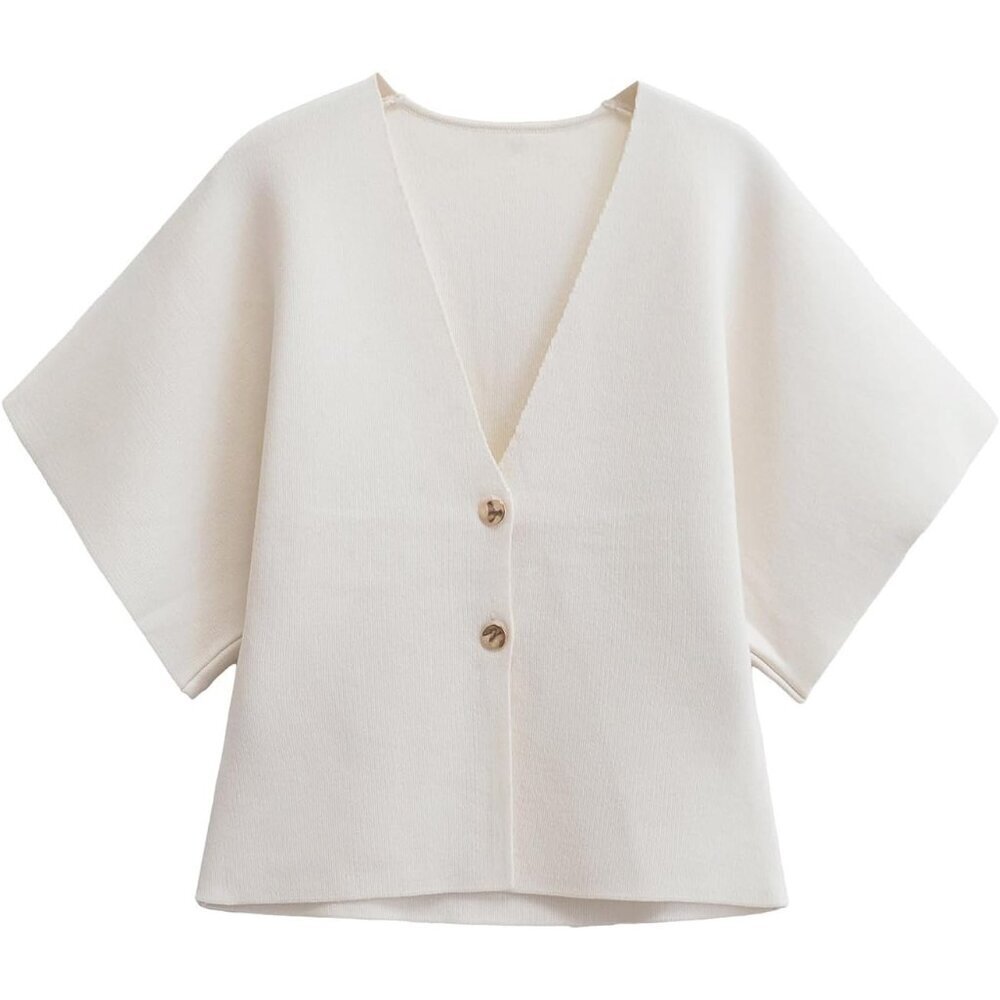 Women's V Neck Short Sleeve Cardigan Sweater Button Front Knit Top - Picture 1 of 9